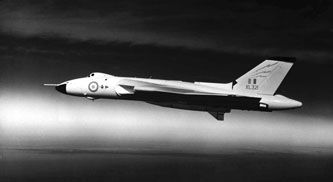 The Vulcan flying. A jet-powered, delta wing, high-altitude strategic bomber.