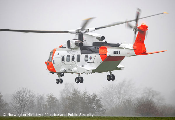 A Norwegian Ministry of Justice and Public Security AW101 All-Weather Search and Rescue (AWSAR) helicopter in flight