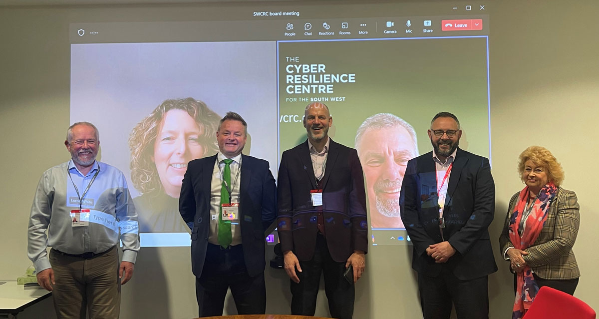 Pictured left to right: Ross Brown, Head of Cyber & Innovation at SWCRC; Lorrin White, Bamboo Technology Group Ltd (on screen); Mark Cooper, Assistant Chief Constable Wiltshire Police; Mark Moore, Director Head of Cyber & Innovation at SWCRC; Gary Carr-Smith: Advisory Group Lead – SWCRC (on screen); Craig Sharp – Leonardo VP and Chair of the SWCRC; Mandy Haeburn-Little, Executive Chair BRIM. Also participating were Mark Shelford, Avon and Somerset Police and Crime Commissioner, and Professor Phil Legg, Professor in Cyber Security, University of the West of England.
