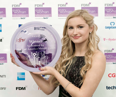Sophie Caffrey recieves her Apprentice of the Year award at the 2018 FDM Everywoman in Technology Awards
