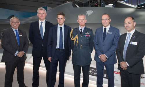 Former Defence Secretary, Gavin Williamson MP, and former Chief of Air Staff, RAF, Sir Stephen Hillier, alongside Leonrdo's Norman Bone and representatives from BAE Systems, Rolls Royce and MBDA at the unveiling of the Tempest aircraft concept at the Farnborough International Air Show 2018.