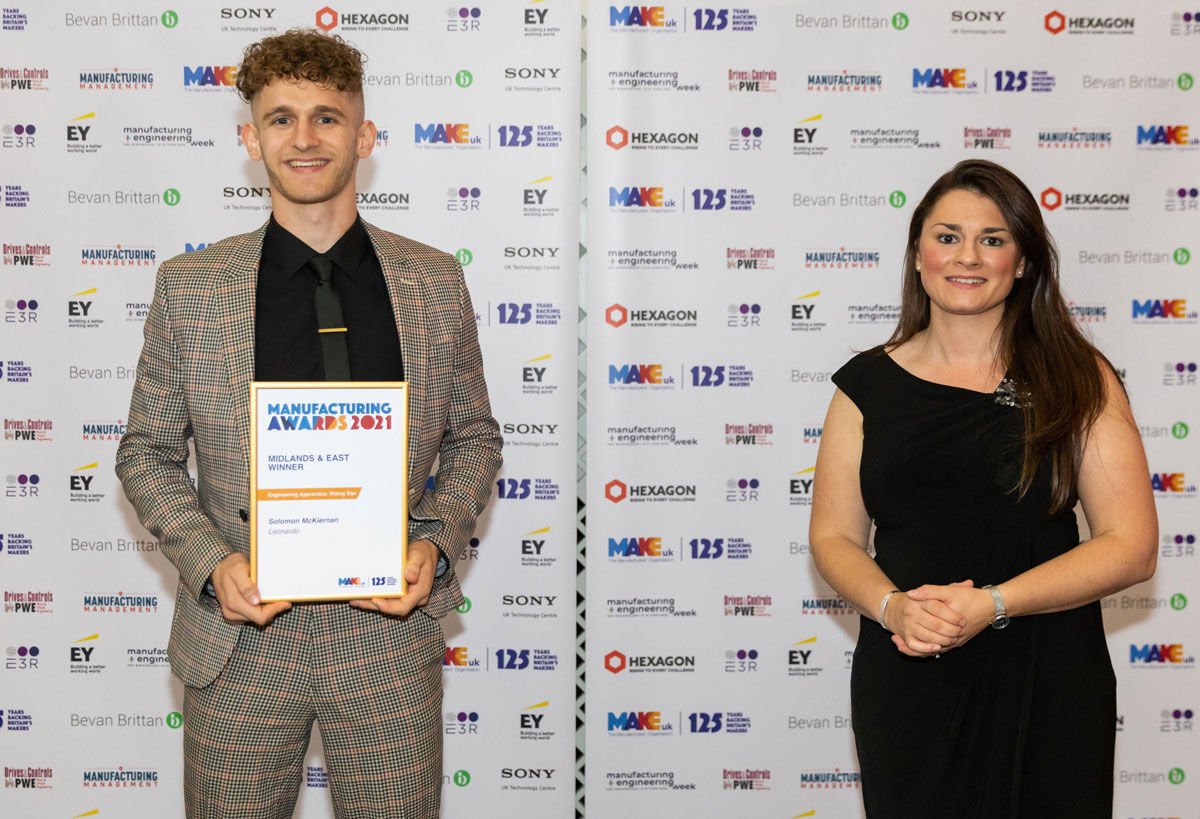 Solomon McKiernan receives his Rising Star award from Make UK's Charlotte Horobin