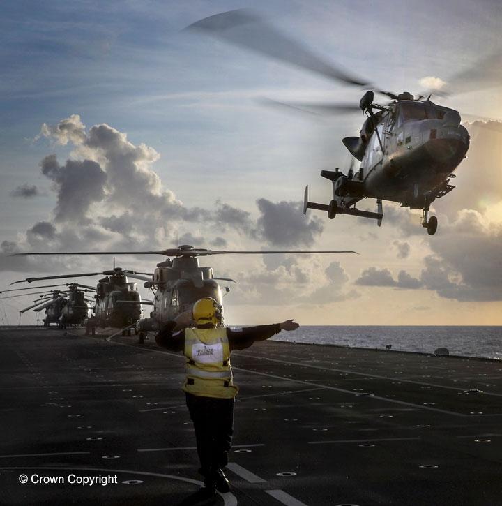 AW159 Wildcat helicopter takes off from the HMS Queen Elizabeth carrier