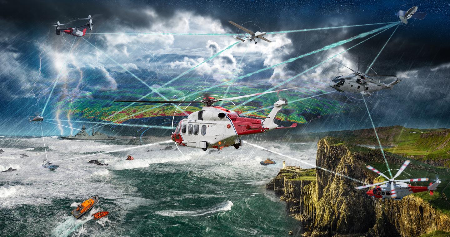 Coastal scene featuring fixed and rotary wing aircraft in support of a large naval vessel and lifeboat