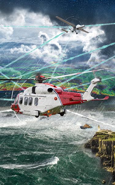 Coastal scene featuring fixed and rotary wing aircraft in support of a large naval vessel and lifeboat