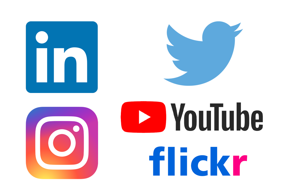 Montage of social media icons including Twitter, Instagram, LinkedIn, YouTube and Flicker