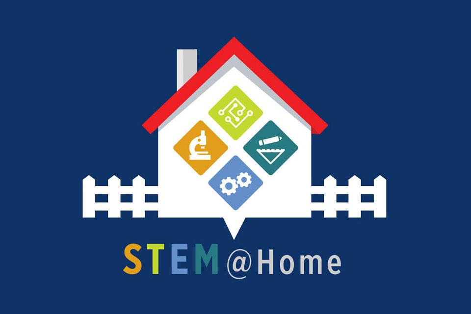 STEM @ Home logo, featuring a small house with scientific symbols inside