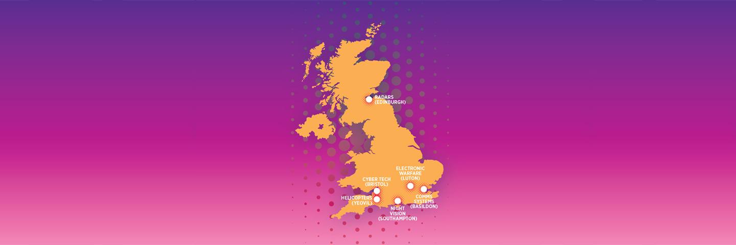 Map of UK showing Leonardo site locations