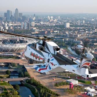 AW101 flying toward the Olympic Stadium in London