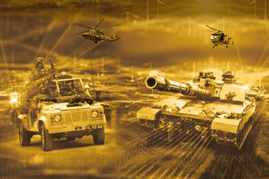 Land montage graphic featuring a tank, armoured vehicle and air support