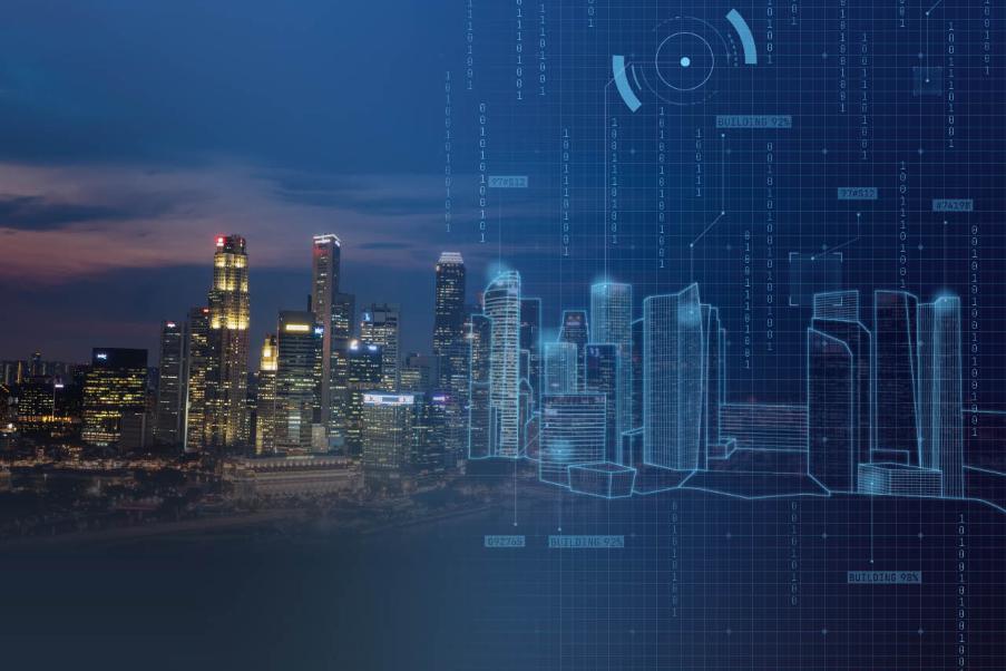 Cybersecurity graphic featuring a cityscape