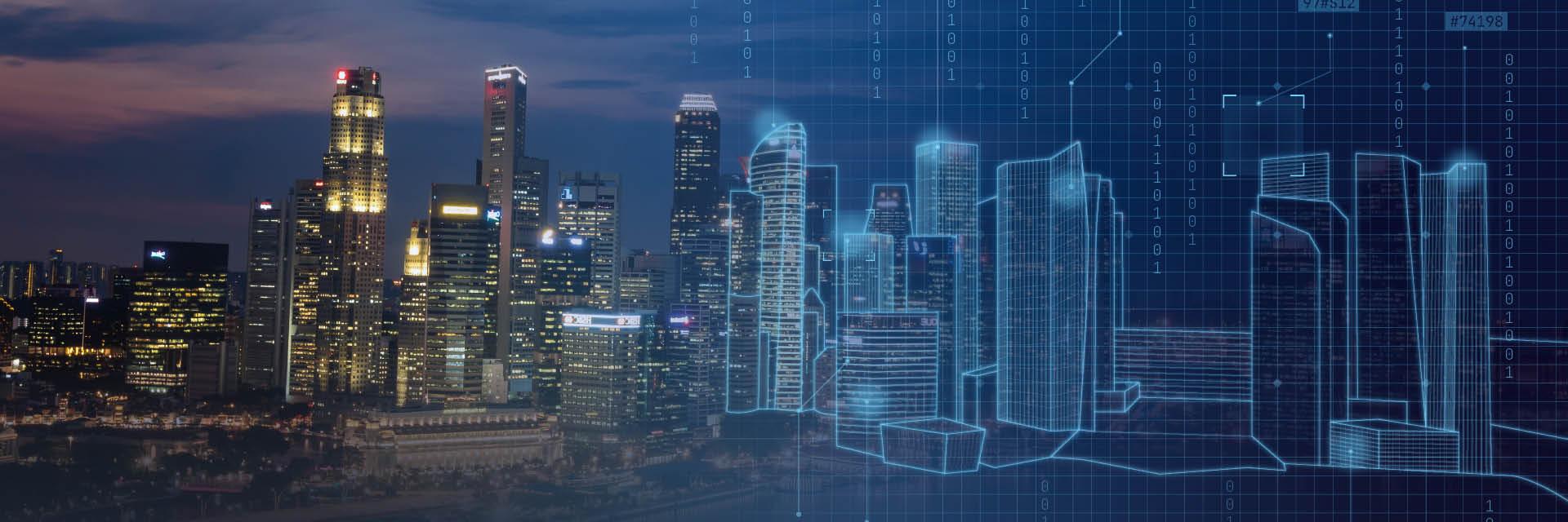 Cybersecurity graphic featuring a cityscape