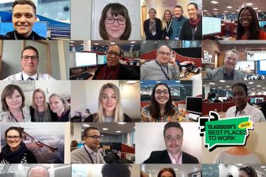 Screenshot of Life at Leonardo video showing multiple tiles of Leonardo colleagues in a collage