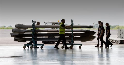 Helicopter blades being transported at Yeovil manufacturing site