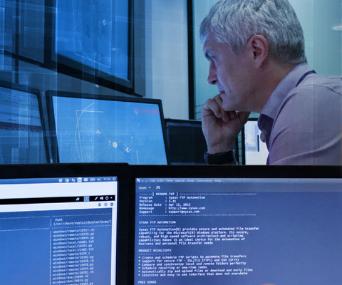 Stylised image of cyber security consultant monitoring systems on computer screens