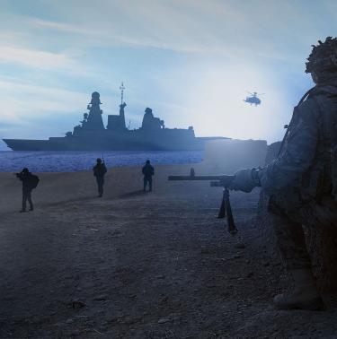 A ship on the horizon and soldiers on the beach all in silhouette